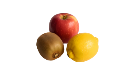 Transparent png of a still life featuring a red apple, a yellow lemon, and a kiwi fruit arranged together closely centered on transparent background
