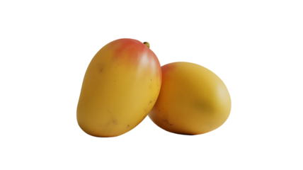Transparent png of two mangoes with yellow and red skin placed next to each other on a plain colored surface view close up on transparent background