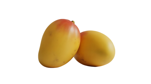 Transparent png of two mangoes with yellow and red skin placed next to each other on a plain colored surface view close up on transparent background