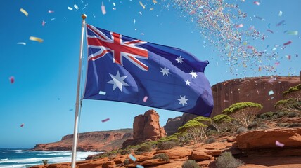 Vibrant Australian National Flag waving over dramatic red cliffs and coastline, celebrating Australia Day January 26 under a clear sky