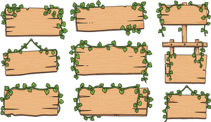 Rustic wooden signboards with green vines illustration, blank outdoor wood boards, decorative rural signage design, vector art background, natural cartoon style display