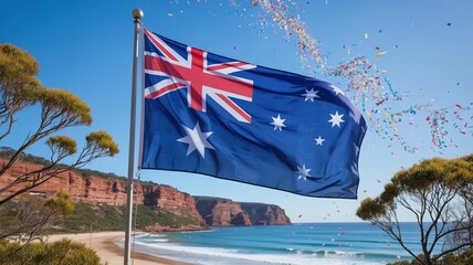 Vibrant Australian National Flag waving over dramatic red cliffs and coastline, celebrating Australia Day January 26 under a clear sky