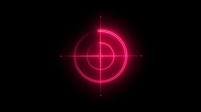 Neon crosshair target reticle glowing red on black background abstract technology concept scope