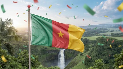 Cameroon National Flag waving over lush green valleys and dramatic waterfall, celebrating National Day May 20 under a clear blue sky