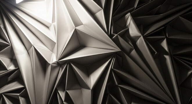 Abstract Geometric Background with Dark Folds and Bright Edges
Abstract background featuring a complex, dark, and highly textured surface resembling crumpled or folded paper/fabric