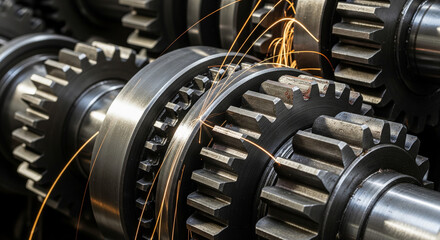 Dynamic close-up of rotating metal gears with vibrant sparks flying.
A dramatic, action-oriented close-up photograph capturing a series of tightly interlocked metal spur gears in motion