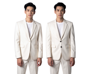 Twin Businessmen in Matching Cream Suits, Standing Confidently, Isolated on Transparent Background