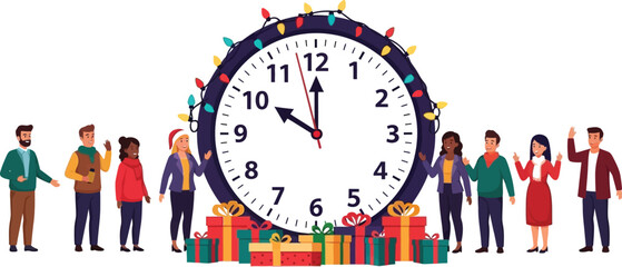 Group of people celebrating new year's eve with gifts and a decorated clock