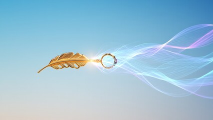 Golden feather with gemstone ring emitting light trails effect