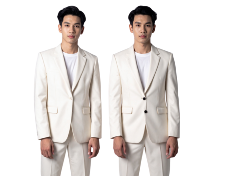 Twin Businessmen in Matching Cream Suits, Standing Confidently, Isolated on Transparent Background - Powered by Adobe