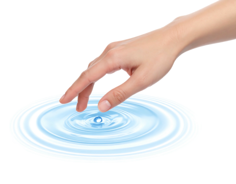 A hand gently touches water, creating ripples on the surface against a black background