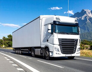 White Semi Truck Driving on a Scenic Highway