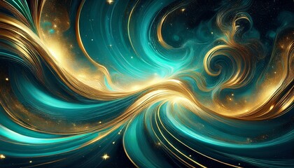 ethereal cosmic flow of teal and gold nebula against a starry sky an abstract digital artpiece depicting luminous energy and swirling celestial forms
