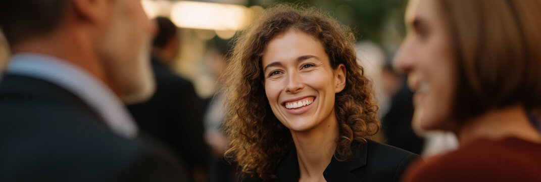 A cheerful woman engages in conversation with a warm smile, capturing the essence of social networking and positive interactions at an outdoor event, surrounded by others. - Powered by Adobe