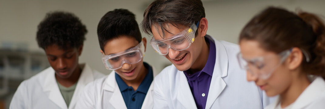 A diverse group of teenagers in lab coats engages in an inspiring science experiment, showcasing teamwork, curiosity, and hands-on learning in a laboratory setting.