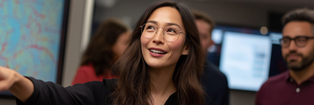 A woman smiling while pointing enthusiastically during a meeting, representing collaboration and effective communication in a professional environment with engaged team members.