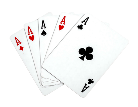A hand holding five ace cards with various suits, diamond, heart, spade, and club, isolated against black - Powered by Adobe