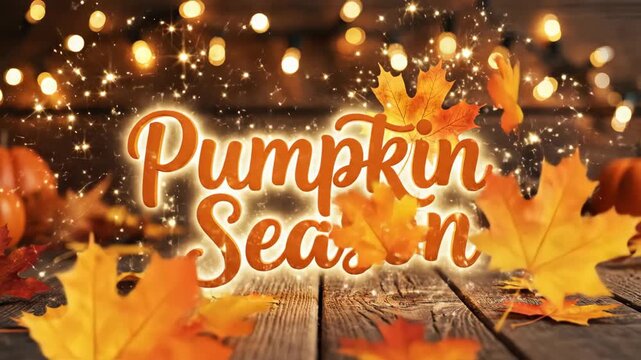 Pumpkin season text on rustic wood background with autumn leaves and glowing lights decoration for fall holiday footage