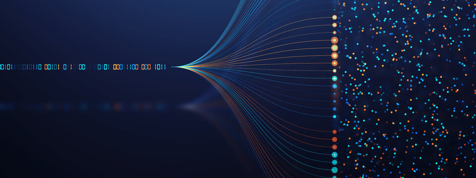 Abstract Visualization Of AI Processing Big Data, Quantum Computing,  Big Data Flow Visualization, Binary Code AI Matrix, Cyber Security, Futuristic Technology Artificial Intelligence.