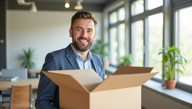 a male manager with a cardboard box in his hands in the office