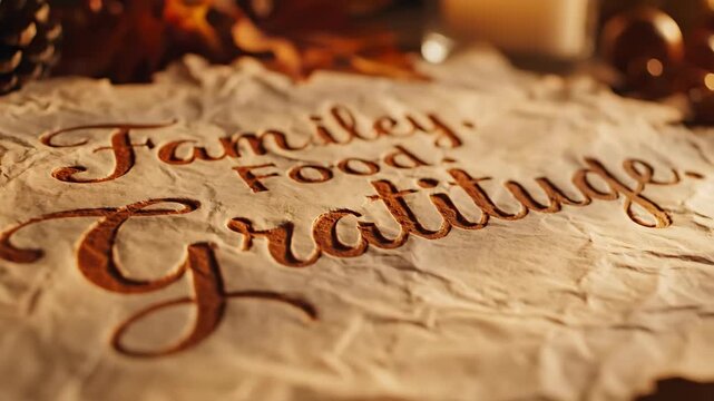 Thanksgiving message Family Food Gratitude carved on paper. Holiday wishes for feast dinner. Seasonal celebration and gathering concept footage.