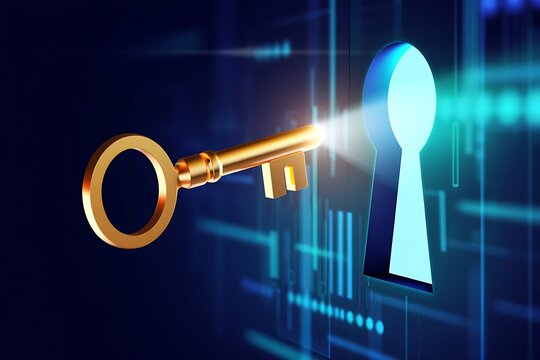 Golden key entering keyhole illuminating digital future interface