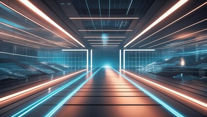 Futuristic Corridor Sci-Fi Tunnel with Neon Lights, Modern Interior