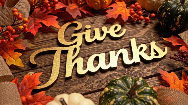 Gold Give Thanks sign on a rustic wooden background with autumn leaves and gourds, Thanksgiving holiday greeting footage.