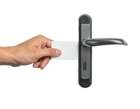 A hand uses a white card to unlock a metal door handle on a black background, close-up