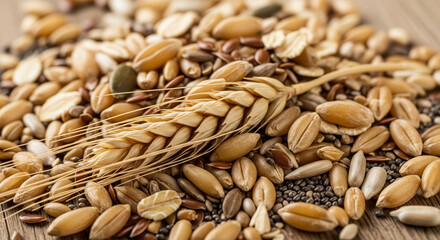 Rich mix of healthy whole grains and seeds with a wheat ear.
A vibrant, macro-level close-up shot of a textured pile of diverse whole grains and seeds