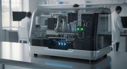 Advanced automated laboratory equipment with glowing green lights performing scientific analysis in a modern research facility