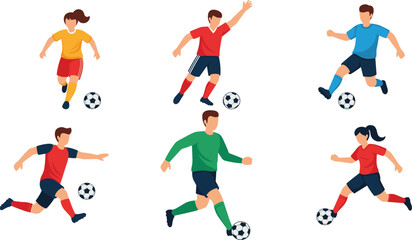 Soccer players illustration, colorful uniforms vector, football athletes with ball, dynamic sports action design, teamwork competition art, athletic movement, game icons