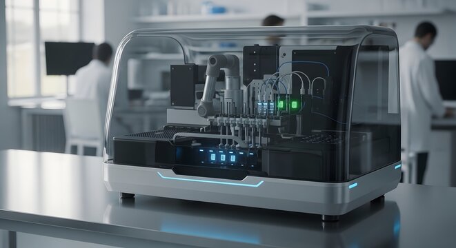 Advanced automated laboratory equipment with glowing green lights performing scientific analysis in a modern research facility