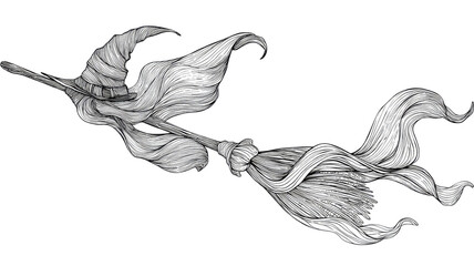 Flying magic broom with flowing ribbon trails for children coloring page illustration isolated on white background