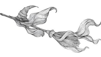 Flying magic broom with flowing ribbon trails for children coloring page illustration isolated on white background