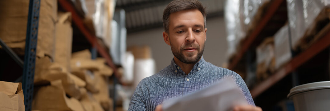 A focused man carefully reviewing paperwork amidst stacks of boxes in a warehouse, showcasing the environment of logistics and inventory management in modern commerce.