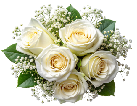 Elegant White Roses and Baby’s Breath Floral Bouquet on Black Background 