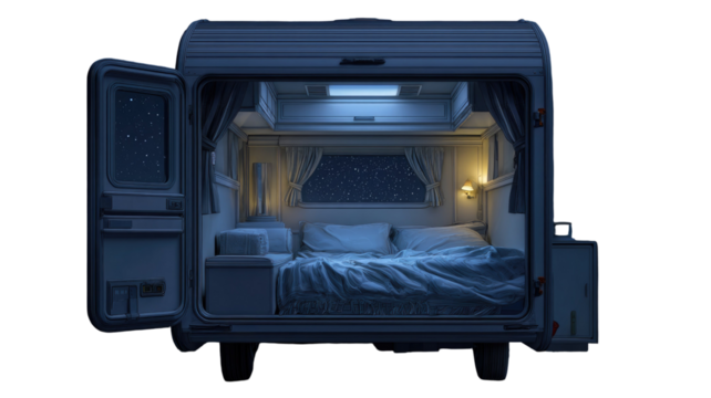 Camping trailer car interior with bed at night showing cozy travel lifestyle and adventure accommodation on white background