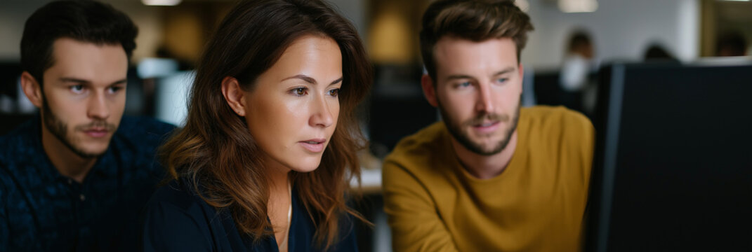 A group of young professionals intently collaborating around a computer, demonstrating teamwork and concentration in a modern office environment. - Powered by Adobe
