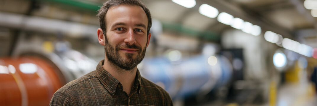 A cheerful man posing confidently in an industrial setting, showcasing a sense of professionalism and approachability in a modern workplace atmosphere.