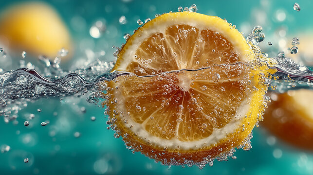 floating lemon in tranquil water, vibrant yellow against soft gray and brown tones, macro perspective highlighting texture and details,