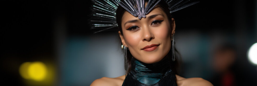 A captivating portrait of a stylish woman adorned with striking headwear, showcasing bold fashion choices and artistic expression, ideal for themes of beauty and creativity.