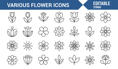Editable Stroke Floral Icons &ndash; Thin Line Vector Collection for Petal, Bloom, and Garden Concepts