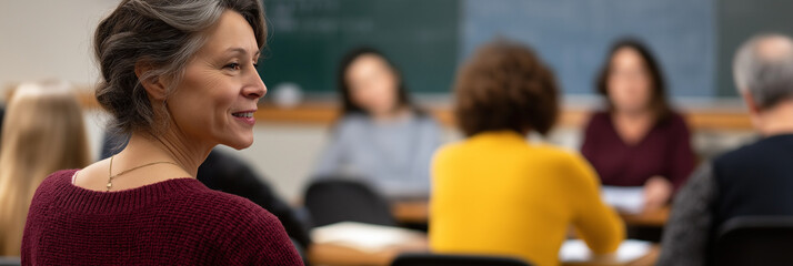 A woman smiles and interacts in a classroom setting, highlighting the collaborative spirit of learning among a diverse group of participants in an educational environment.