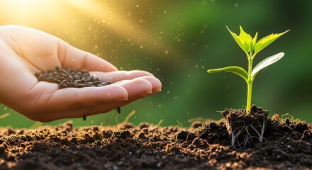 Hand fertilizing a small green plant with black seeds or pellets in rich soil under warm sunlight. Concept of agricultural care, nurturing, and future growth.
