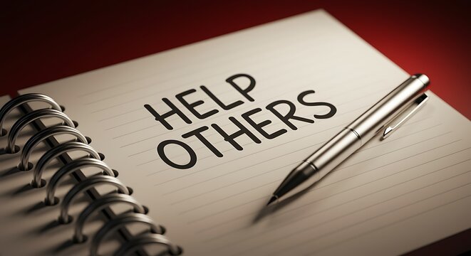 Inspiring message Help Others written on a notebook with a pen