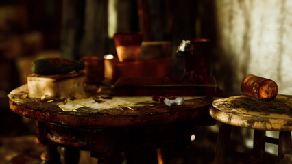 An old, weathered wooden table sits in a dimly lit room, scattered with aged tools, faded papers, and glass containers, evoking a sense of nostalgia and creativity.