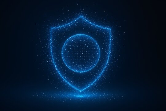 Digital Security Shield with Glowing Blue Particles and Sphere