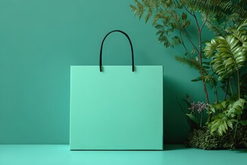Obraz premium A mint green shopping bag sits against a teal background surrounded by lush greenery, creating a serene and vibrant visual composition.