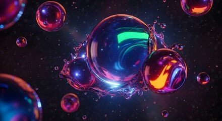 Vibrant glowing bubbles abstract background, colorful liquid spheres floating in dark cosmic space, futuristic glossy orb cluster with bright neon light reflections, dynamic splash effect illustration